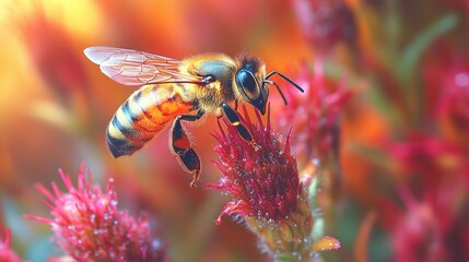 Golden bee landing on a water-speckled blossom, dynamic natural textures and rich floral colors