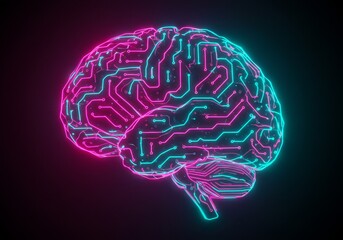 3D Rendered Illustration of a Glowing Circuit Brain with Pink and Blue Neon Lights