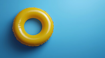 yellow swimming pool ring float in blue water. concept summer background, top view with copyspace
