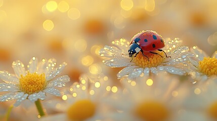 Obraz premium Ladybug on blooming chamomile with dew drops on petals, early morning garden scene