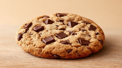 Close-up of chocolate chip cookie on wood, showcasing texture and brown tones, representing deliciousness and sweet treat