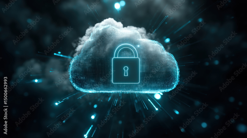 Poster Glowing digital lock is embedded within cloud, symbolizing advanced cybersecurity and data protection in futuristic digital environment