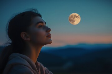 Naklejka premium Young Woman Gazing at Full Moon Over Mountains at Dusk