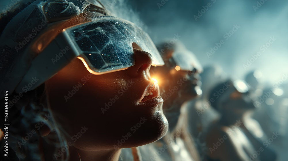 Aufkleber futuristic party with guests wearing advanced technology glasses, creating immersive experience with