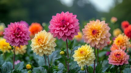 Lush dahlia garden in peak bloom, radiant colors like magenta, coral, and lemon, with crisp clear sky in the background