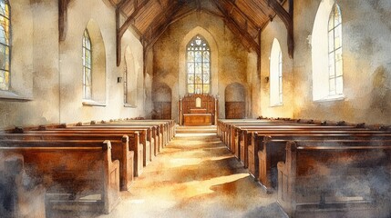 Fototapeta premium Tranquil Watercolor Church Interior with Pews for Religious Publications or Home Decor