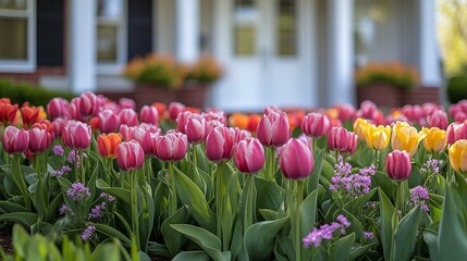 Obraz premium Lush tulip bed at front of suburban home, white windows and door blurred in background, bright copy space above
