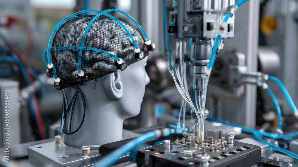 Aufkleber Mannequin head with brain machine interface system is connected to various wires and machinery, showcasing advanced technology in laboratory setting