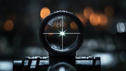 Sniper scope with crosshairs targeting and bokeh lights in the background