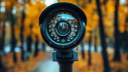 Security cam observes. Autumn trees blurred in the background