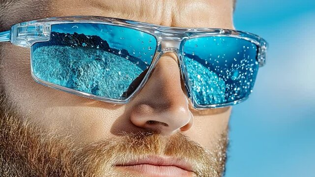 Crystal Clear Vision: Man with Blue Mirrored Sunglasses Reflecting a Landscape