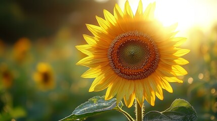 Macro view of a radiant sunflower, golden yellow petals and detailed central disc, warm sunlight hitting from the side