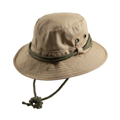 A khaki boonie hat with a green rope and a transparent background in a studio setting with soft lighting