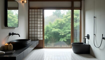 Minimalist monochrome bathroom with black fixtures, white tiles, and clean lines.