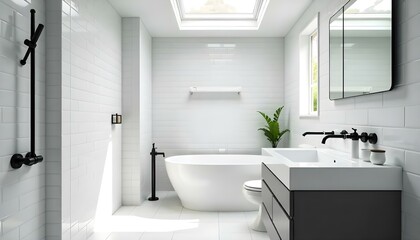 Minimalist monochrome bathroom with black fixtures, white tiles, and clean lines.