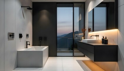 Minimalist monochrome bathroom with black fixtures, white tiles, and clean lines.