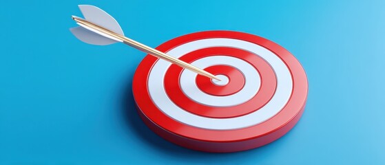 Arrow hitting the bullseye on a red and white target.