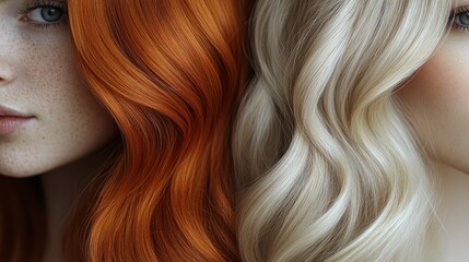 Fototapeta premium Portrait of two women with contrasting blonde and auburn wavy hair side-by-side