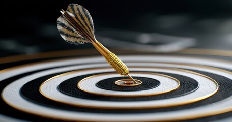 Golden dart hitting bullseye on a target.