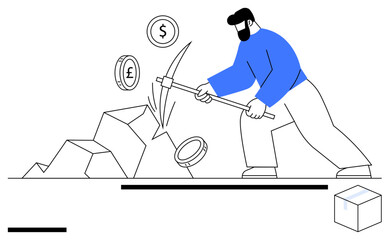 Bearded man wielding a pickaxe breaking rocks while coins with currency symbols emerge. Ideal for finance, investment, cryptocurrency, economic growth, hard work, resource management, simple landing