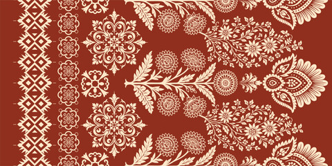 floral pattern vintage ethnic modern embroidery texture boho design vector illustration hand drawn pink flower motif branches leaves wallpaper seamless background border. © Thitichot