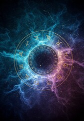 Abstract Digital Illustration of Zodiac Symbols in a Cosmic Nebula