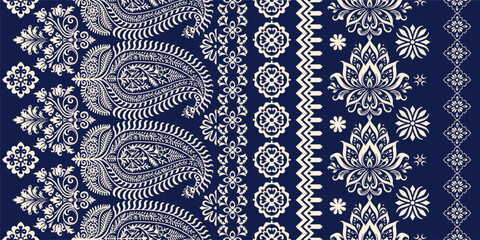 floral pattern vintage ethnic modern embroidery texture boho design vector illustration hand drawn pink flower motif branches leaves wallpaper seamless background border. © Thitichot