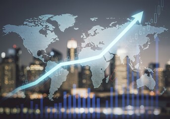 Abstract Digital Rendering of Global Financial Growth Over Night City Skyline