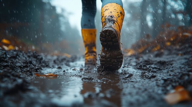 Muddy boots trudge through a puddly, foliage-strewn path on a rainy day