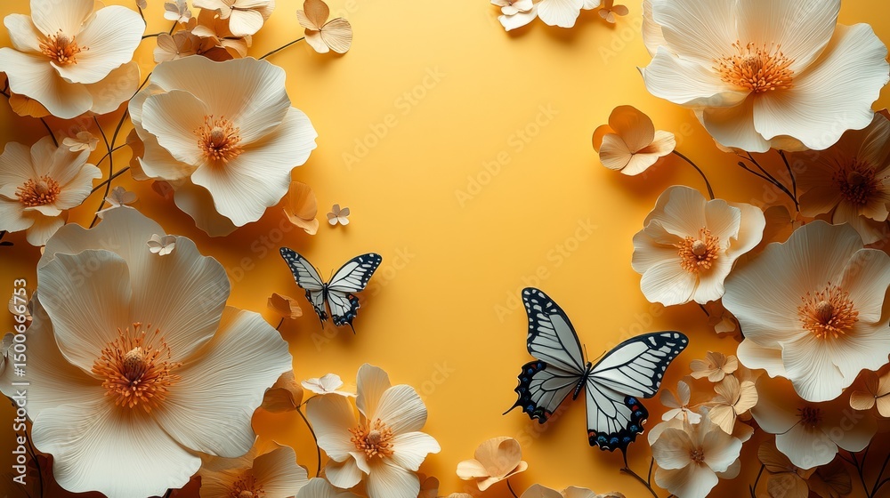 Fototapete soft 3d-style flowers with detailed petals and butterflies placed around edges, large yellow backgro