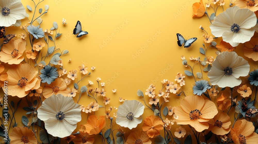 Fototapete soft 3d-style flowers with detailed petals and butterflies placed around edges, large yellow backgro