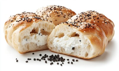 Fototapeta premium Sesame bread rolls filled with cream cheese, cut open, white background, food photography, bakery product
