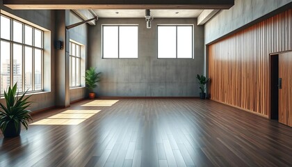 Obraz premium Empty modern loft, concrete & wood walls, parquet floor, plants, panoramic window, window, parquet