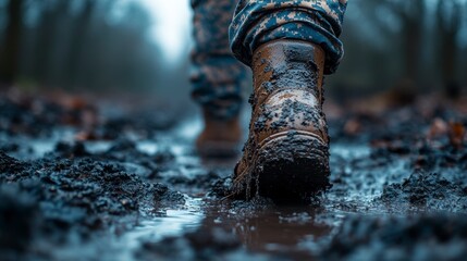 Muddy boots trudge through a dark, wet path, legs onward