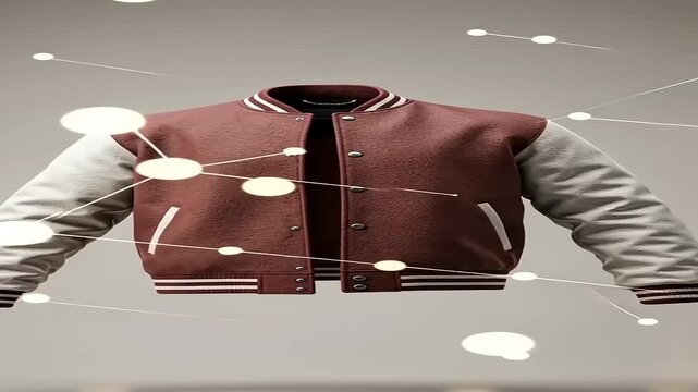 Stylish maroon and white varsity jacket displayed in a modern showroom with soft lighting
