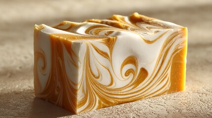 Swirled yellow and white handmade soap bar, showcasing its texture and artisan creation, symbolizing purity and freshness, ideal for bathroom product displays