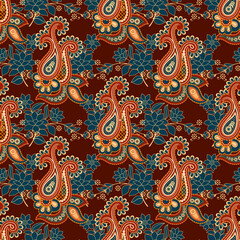 Hot tone color paisley seamless pattern. Vector illustration Bohemian style on floral and leaf on brown background. Design for background, wallpaper, textile, fabric and decoration.