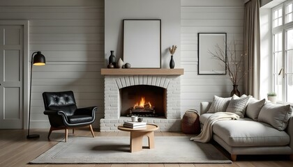 Modern farmhouse living room with shiplap walls, leather armchairs, and cozy textiles