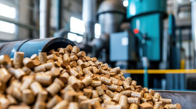 Biomass Pellets Being Fed into Clean Energy Power Generation Facility for Sustainable Energy Production