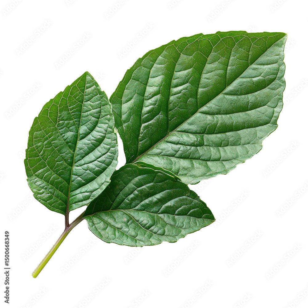Poster green holy basil leaves with rough texture and visible stem isolated on transparency background, sho