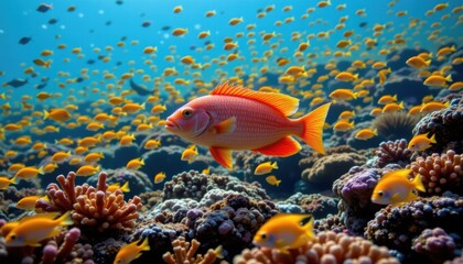 Vibrant Underwater Scene with Colorful Fish and Coral Reef in Tropical Ocean Environment