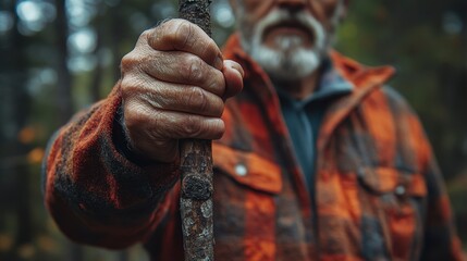 Older man's hand grips wooden stick, forest backdrop