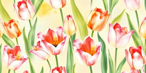 Obraz premium Seamless watercolor tulip pattern, soft spring hues, delicate painterly blooms, seamless, blossom
