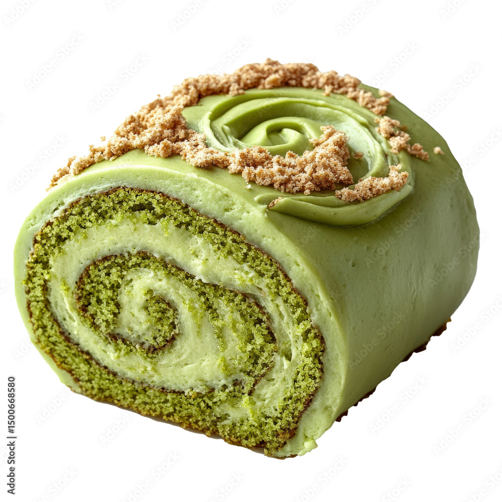 Poster slice of matcha roll cake with creamy swirl and crumbly topping, showcasing modern bakery style. vib