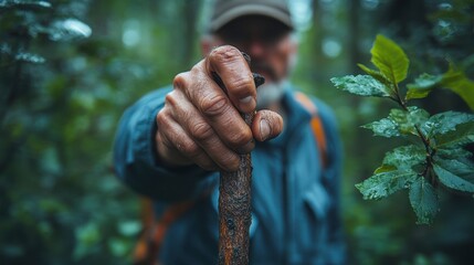Man holds a walking stick, blurred background, surrounded by lush greenery