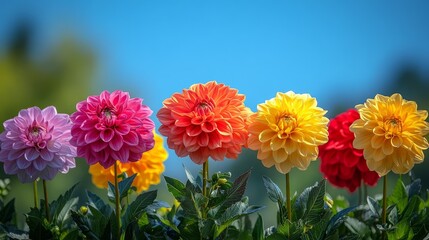 Vibrant dahlia blooms creating a rainbow garden effect under a serene, cloudless blue sky, full summer vibe