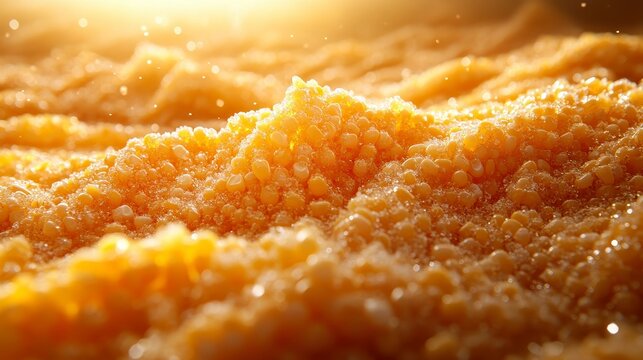 Golden dunes of granular texture under a soft, sun-like glow create an organic, textured landscape