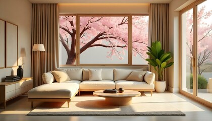 Modern minimalist living room with neutral tones, large windows, and sleek furniture 