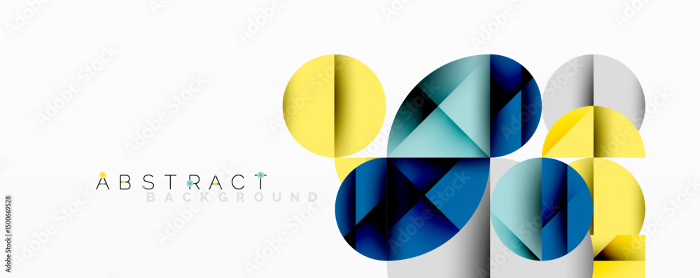 Poster geometric shapes overlap, creating vibrant abstract composition. yellow, blue, gray tones dominate d