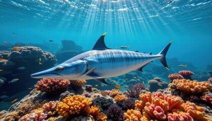 Vibrant Underwater Scene with Colorful Coral Reef and Majestic Fish Swimming in Sunlit Ocean Waters, Marine Life Exploration at Its Best